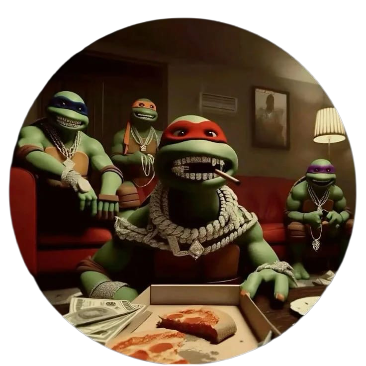 Stylized Teenage Mutant Ninja Turtle image showing animated characters staged in a fake crime scene with money and pizza, surreal prank meme with absurd internet humor.