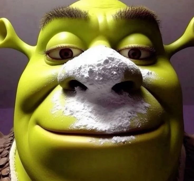 Absurd parody meme image of a green animated shrek ogre character with white cocain powder covering its nose, exaggerated facial expression used in viral prank humor and surreal internet joke content.