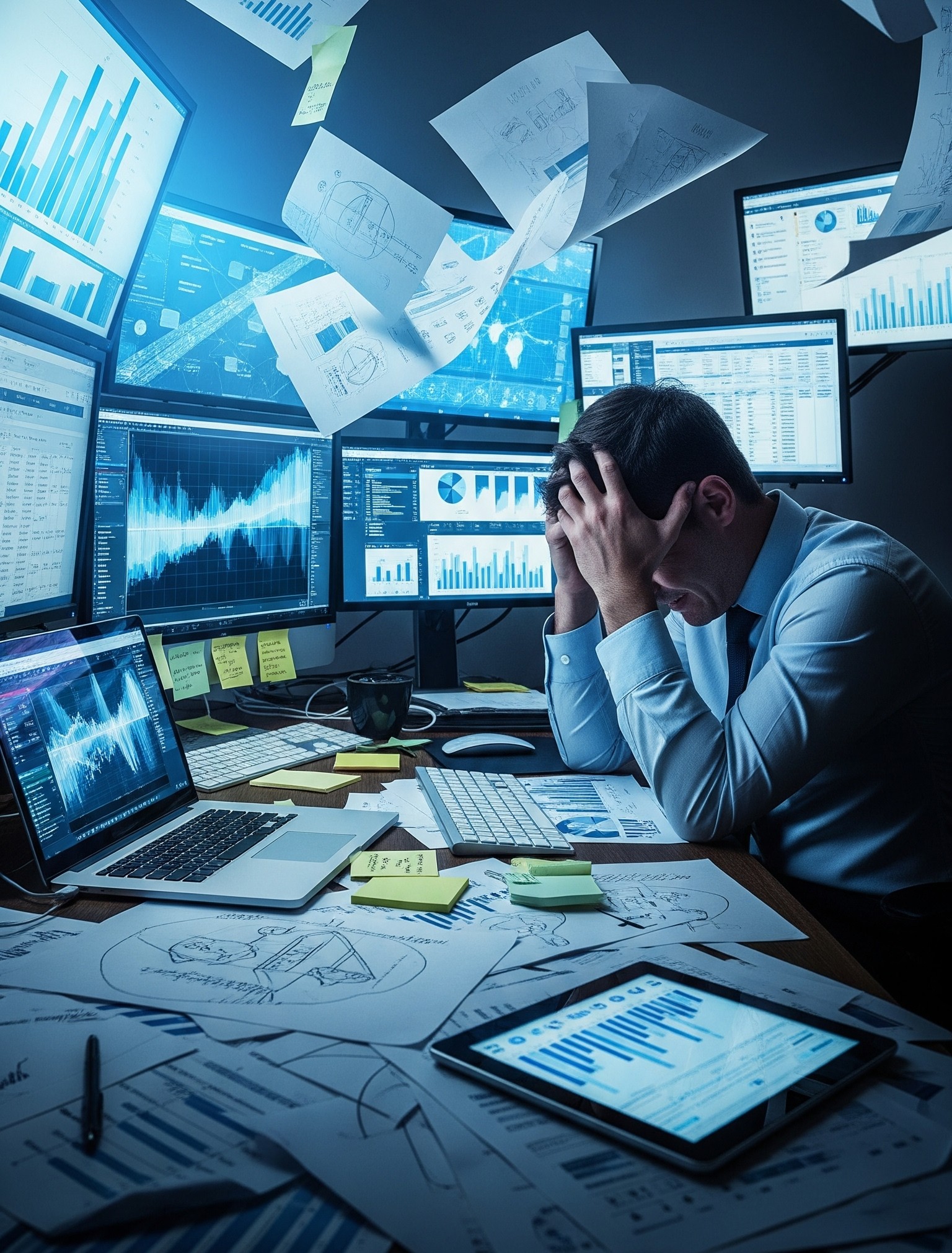 Imprenditore sopraffatto dal caos del lavoro, si tiene la testa tra le mani.
