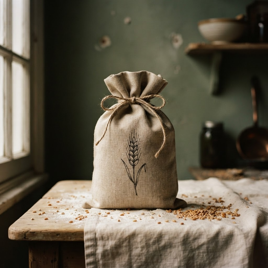 Flour sack, wheat and a jar of honey on a rustic table by a window