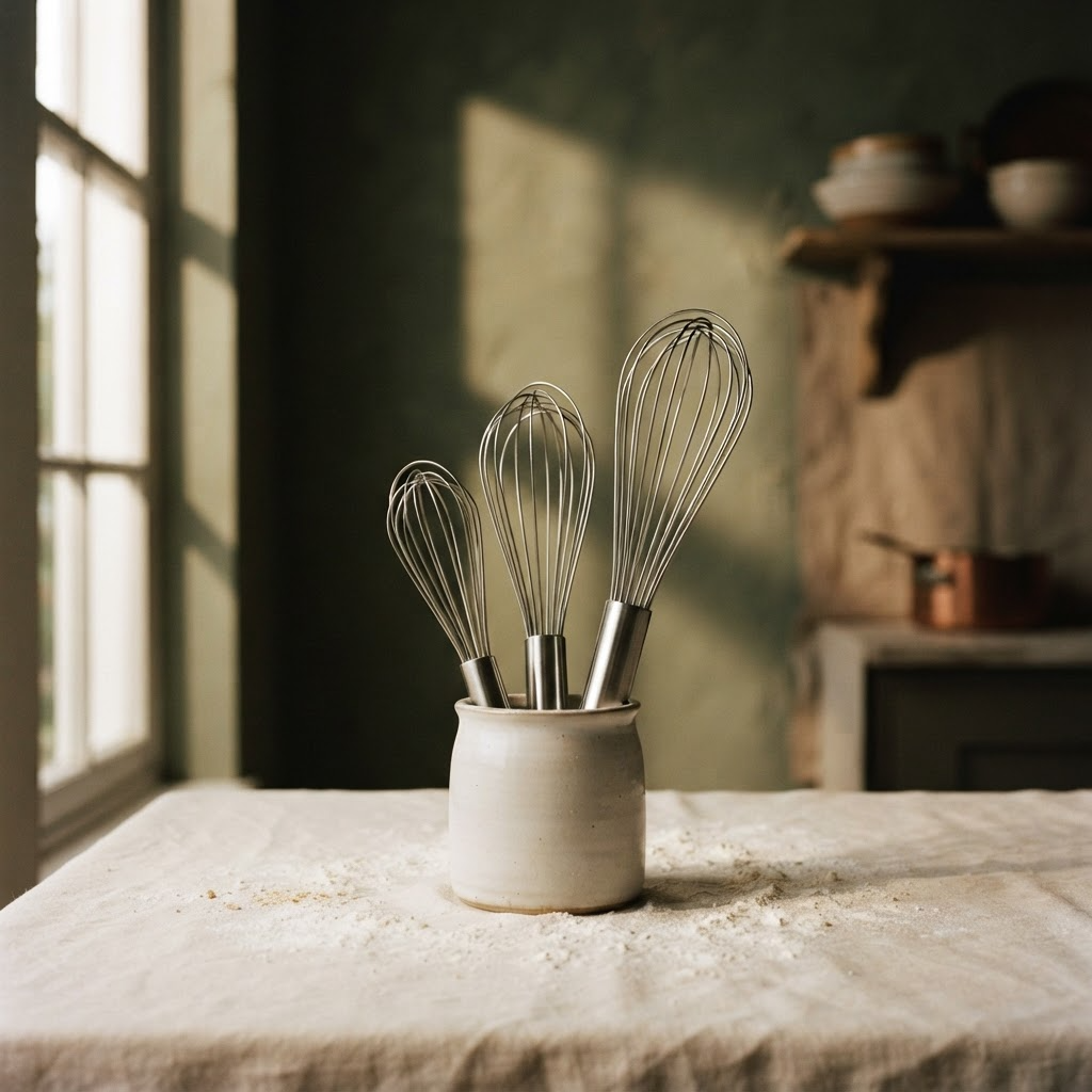 Stainless steel whisk set in a ceramic crock