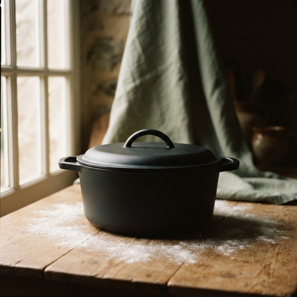 Cast iron dutch oven under a draped linen