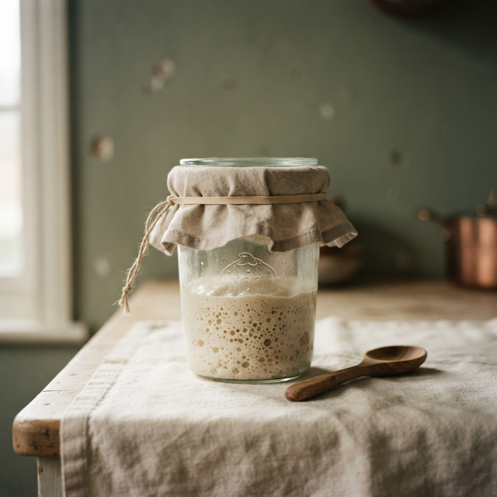 Sourdough starter jar with linen and utensils