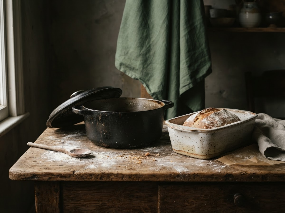 Cast iron dutch oven beside a bread pan
