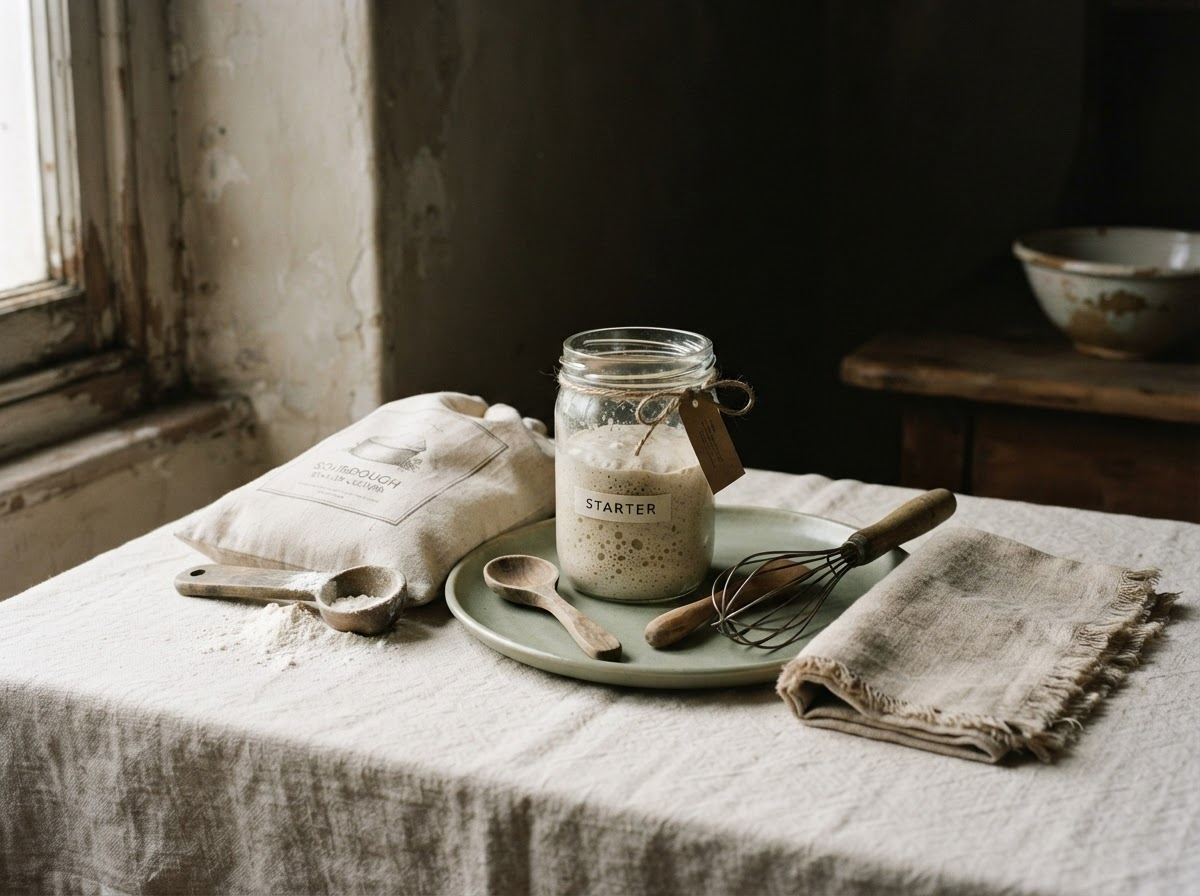 A copper whisk resting in a cloud of flour