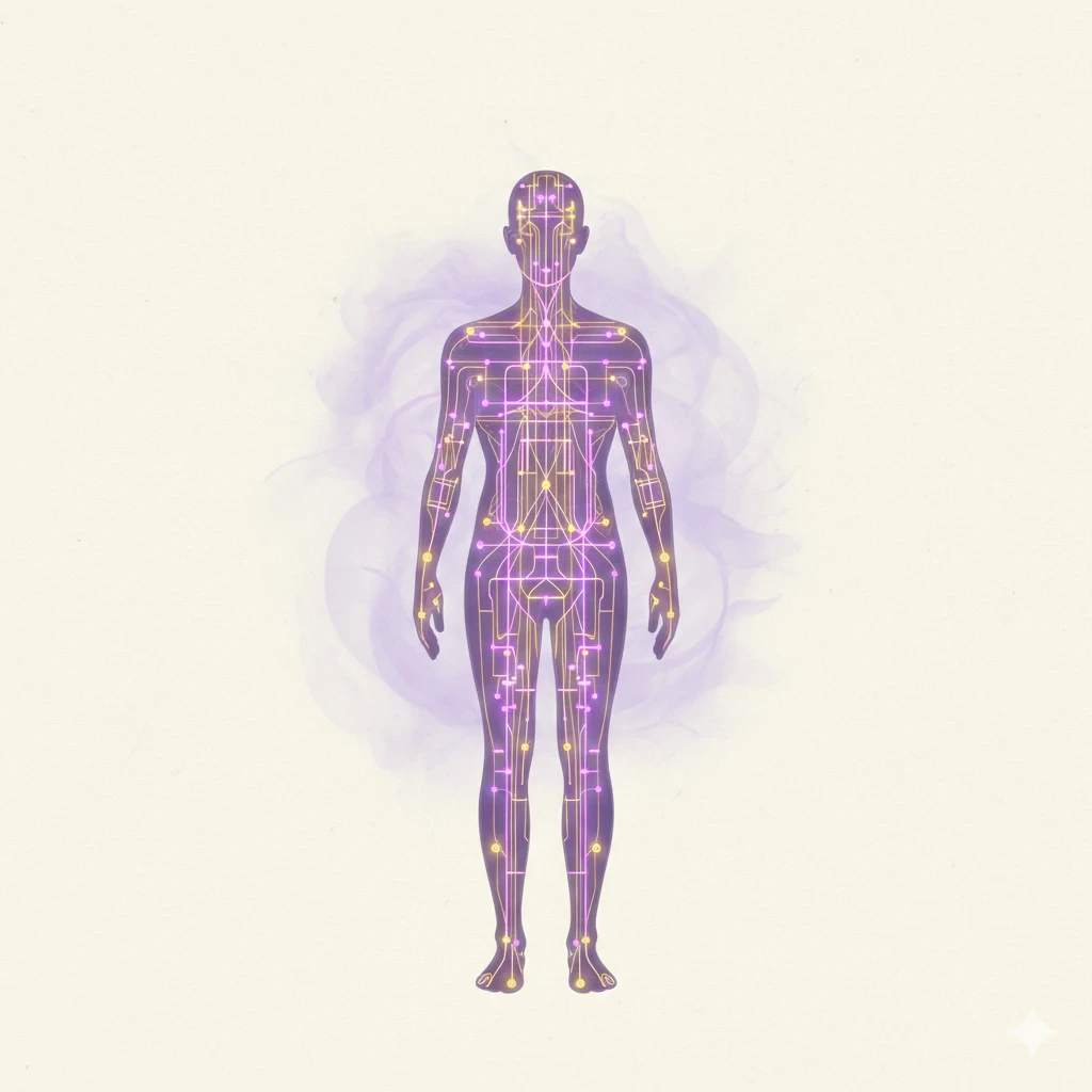 A meridian and nerve-pathway map of the human body, the network a Vādma practitioner works with