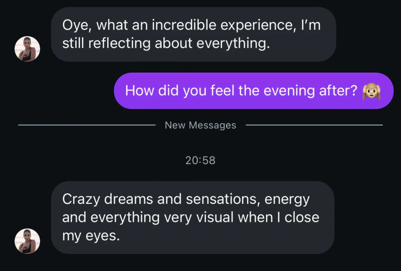Unedited client message describing a Vādma nervous system reset