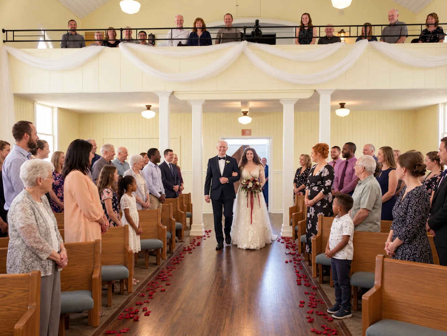 Bride walking down the aisle of Madison Hill Chapel with guests watching from the pews and balcony