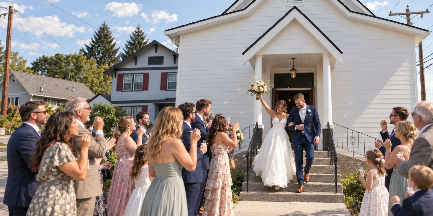 Bride and groom walking out of Madison Hill Chapel as guests blow bubbles