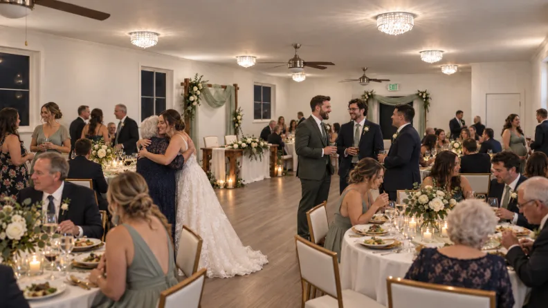 Reception celebration in the Madison Hill reception hall with dinner tables and guests enjoying the evening