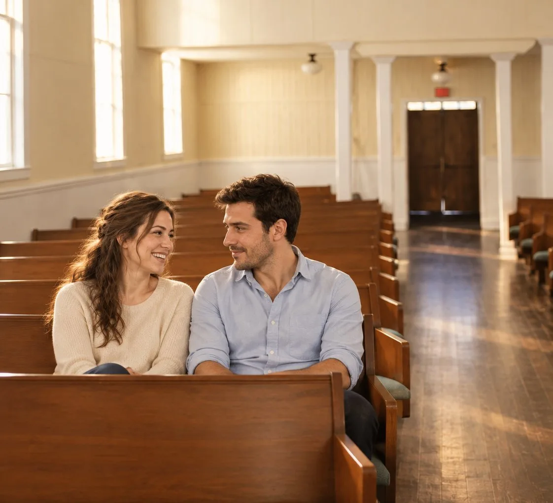 A couple smiling together while seated in the historic chapel pews at Madison Hill