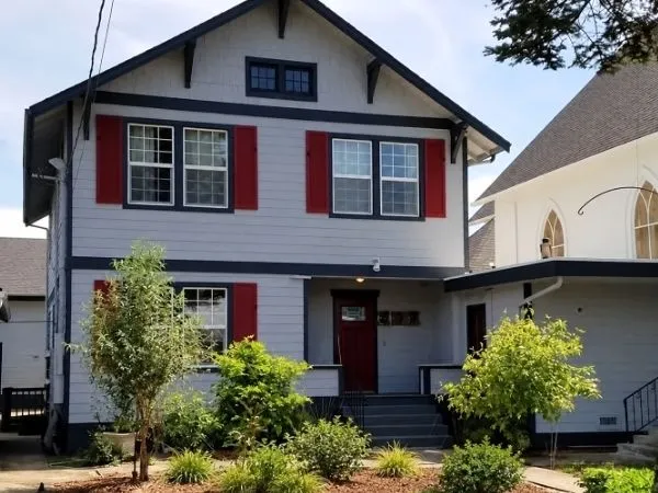 Front of Madison Hill Villa, a remodeled house next to the chapel