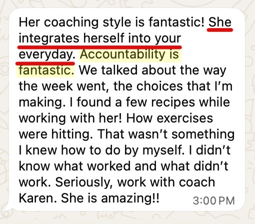 Customer testimonial: coaching style is fantastic, accountability is fantastic