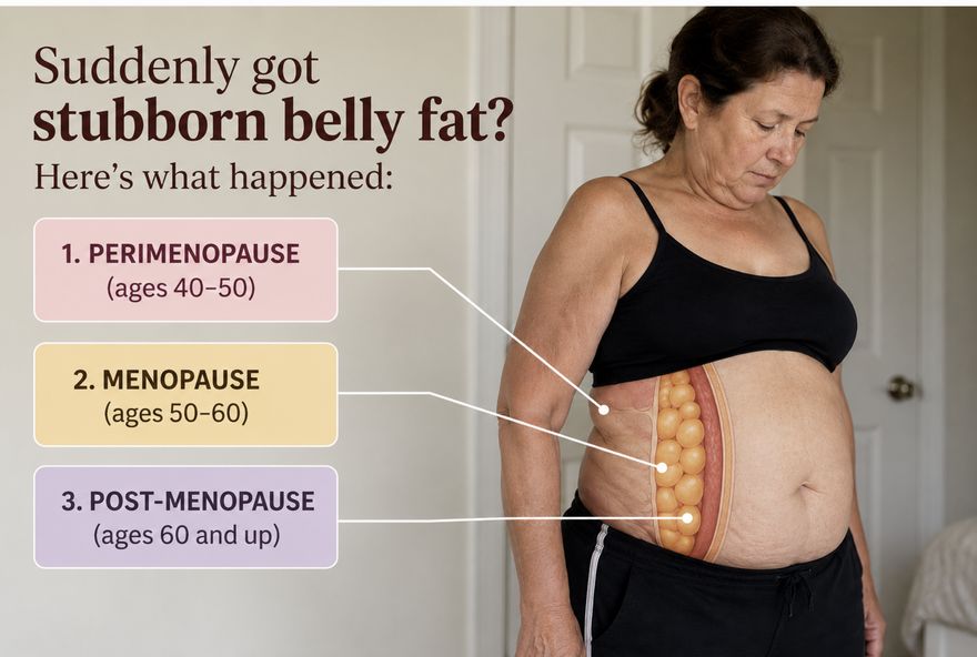 Suddenly got stubborn belly fat? Perimenopause, menopause and post-menopause shift fat storage to the belly