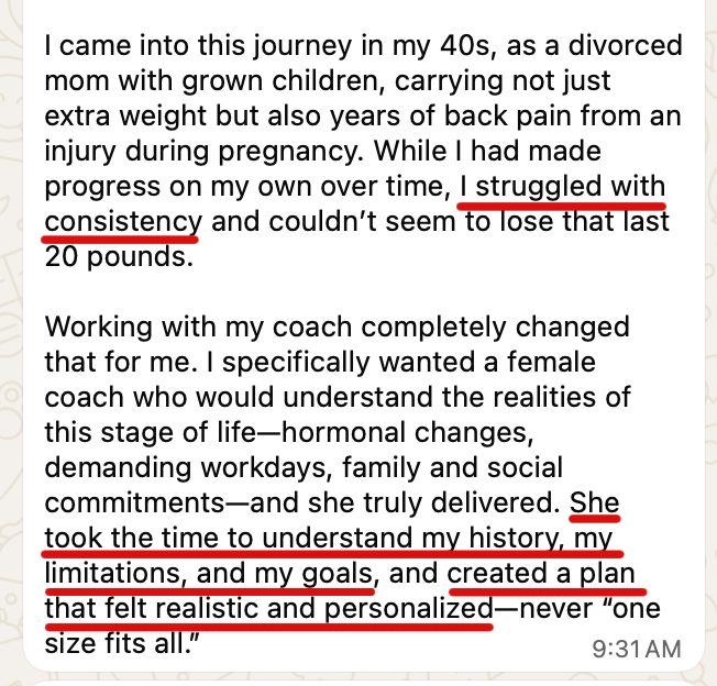 Customer testimonial: struggled with consistency, coach created a realistic personalized plan, never one size fits all
