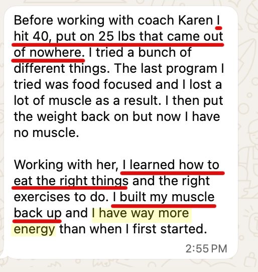 Customer testimonial: hit 40, put on 25 lbs out of nowhere, learned to eat the right things, built muscle back and has way more energy
