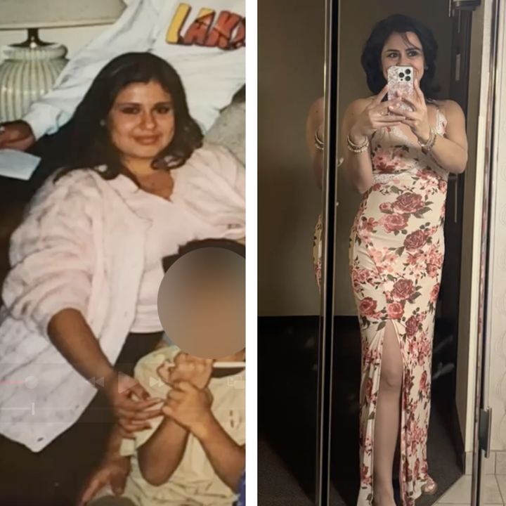 Client transformation, floral dress mirror photo