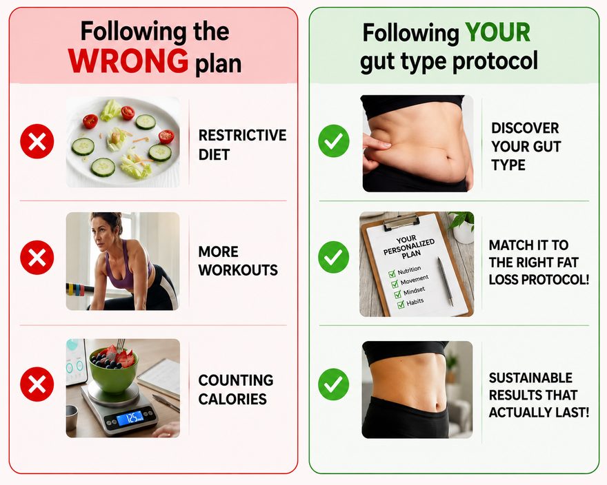 Following the wrong plan: restrictive diets, more workouts, counting calories. Following your gut type protocol: discover your gut type, match it to the right fat loss protocol, sustainable results that last