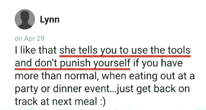 Customer testimonial from Lynn: use the tools and don't punish yourself, just get back on track at the next meal