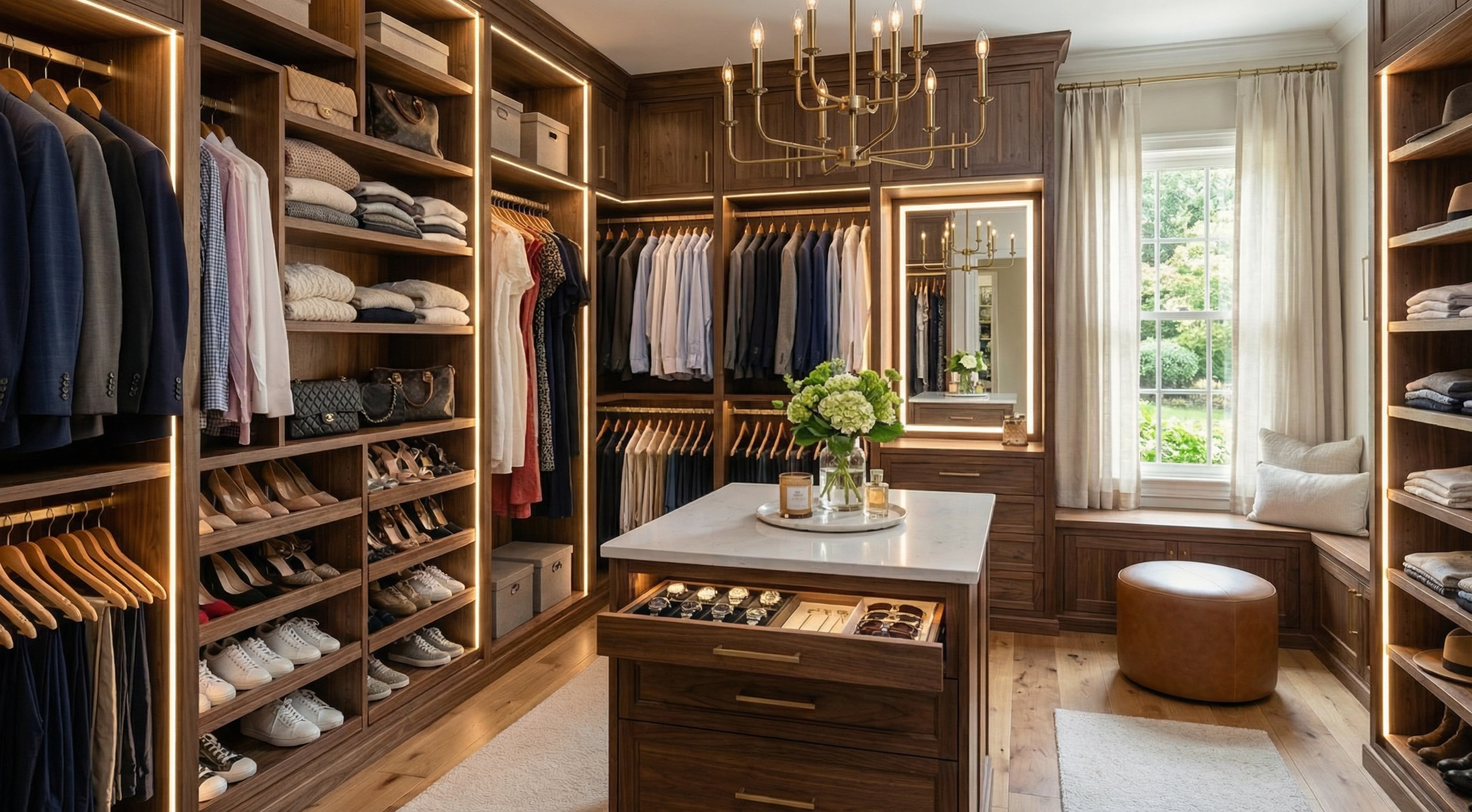Custom walk-in closet with built-in shelving and elegant finishes in Williamsburg, VA