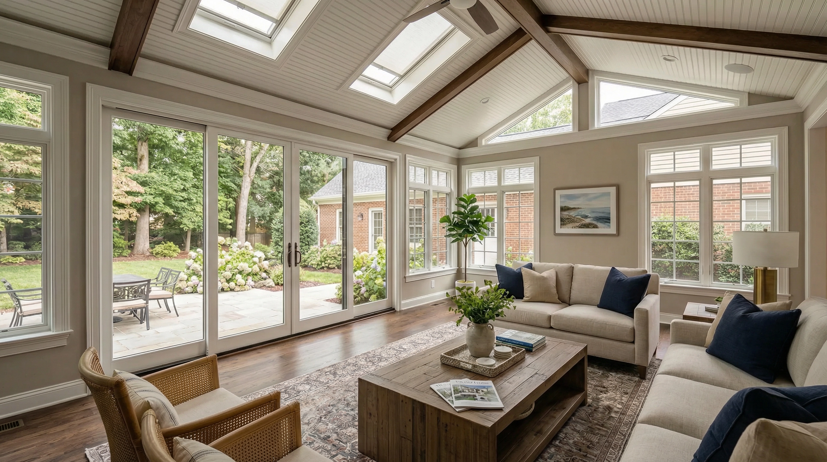 Four-season sunroom addition with insulated windows on Williamsburg VA home