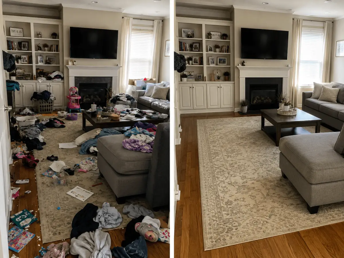 The same living room before and after we cleared it out