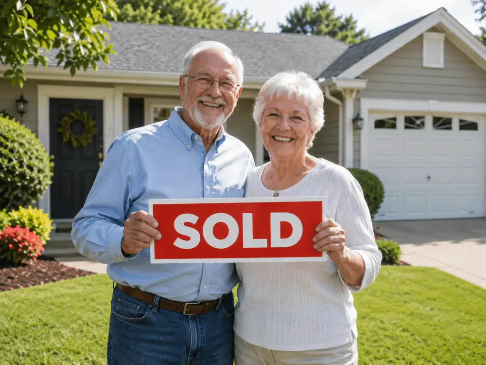Homeowners standing in front of their sold house
