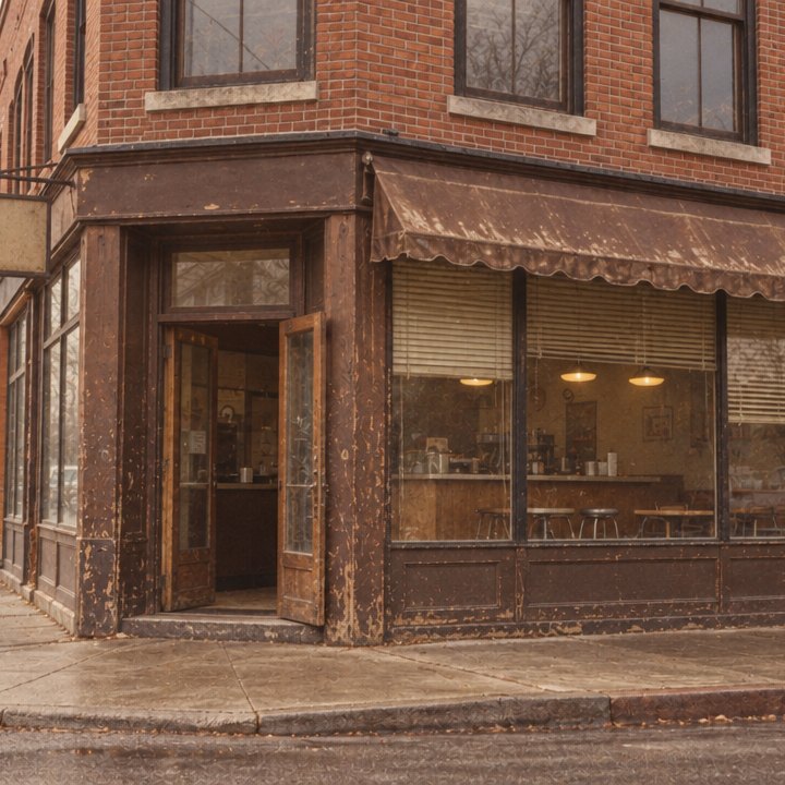 The same corner cafe before going digital, quiet and empty