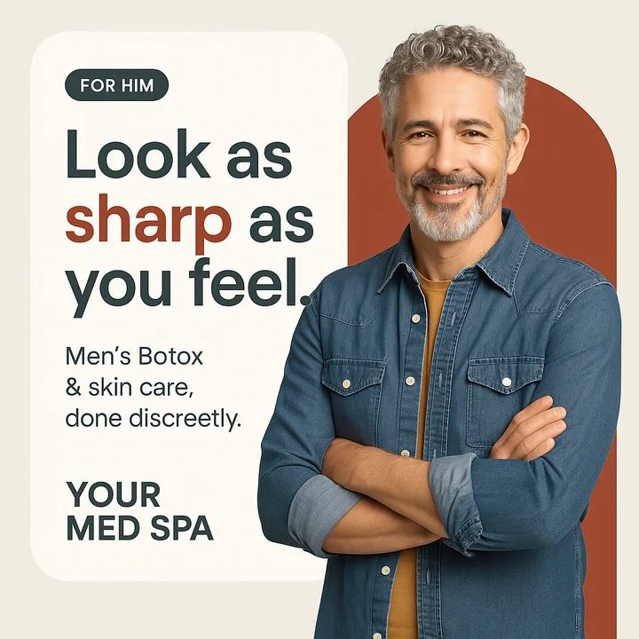 Sample post: For him. Look as sharp as you feel. Men's Botox and skin care, done discreetly
