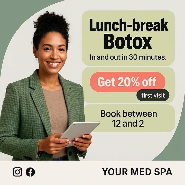 Sample post: Lunch-break Botox. In and out in 30 minutes. Get 20% off your first visit