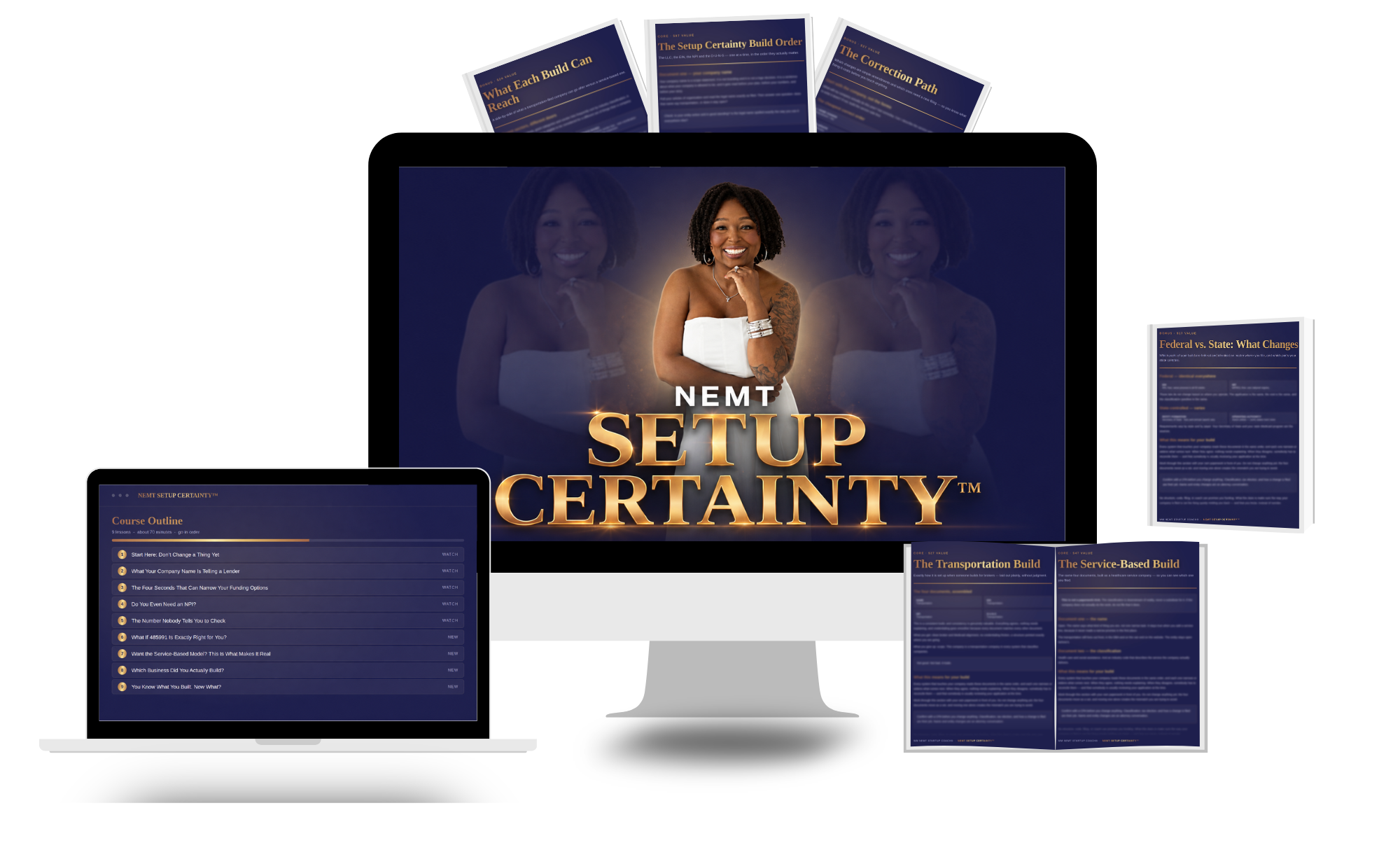 NEMT Setup Certainty framework shown across desktop and laptop screens with its lessons and bonus resources.