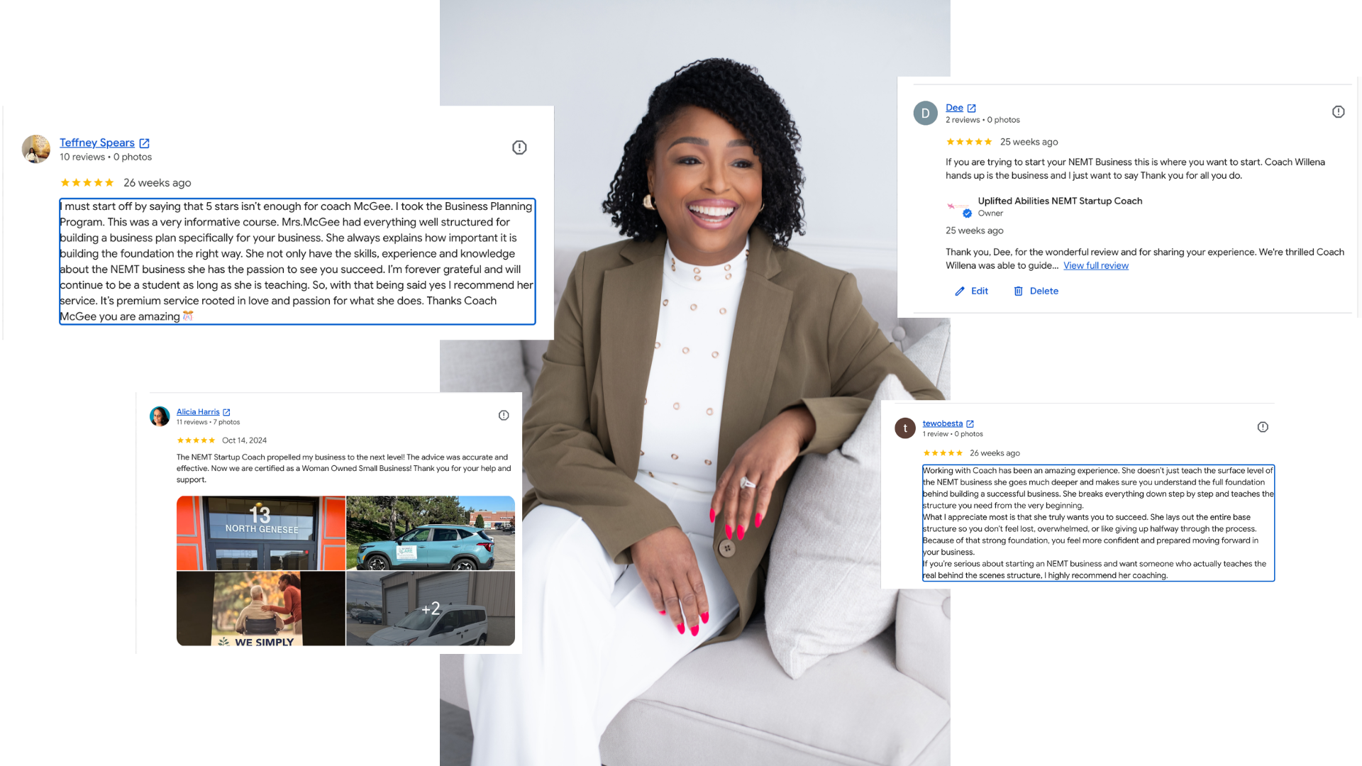 Google reviews from NEMT founders about Coach Willena McGee's business planning process