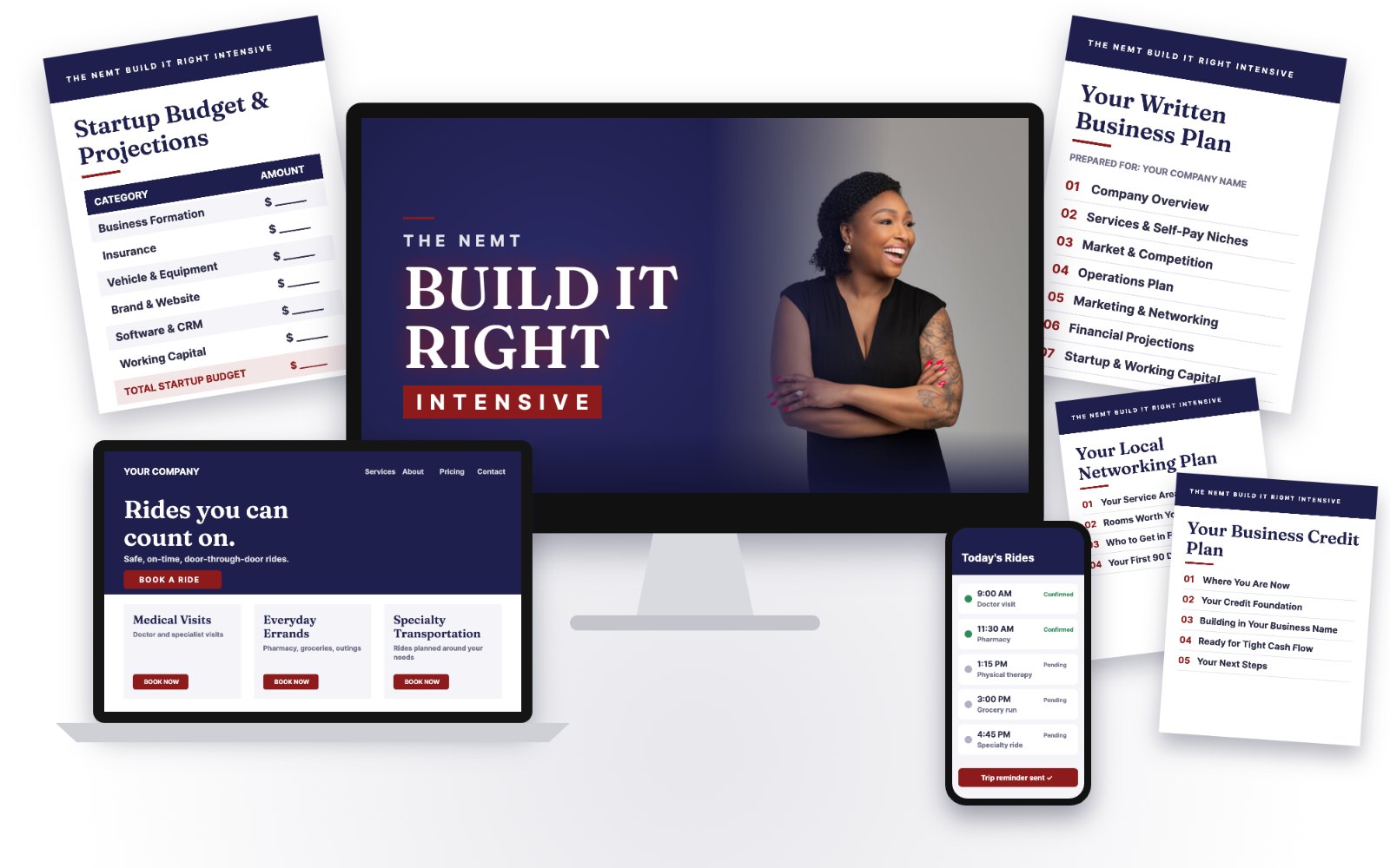 The NEMT Build It Right Intensive program with business plan, startup budget, credit plan, networking plan, website, and CRM