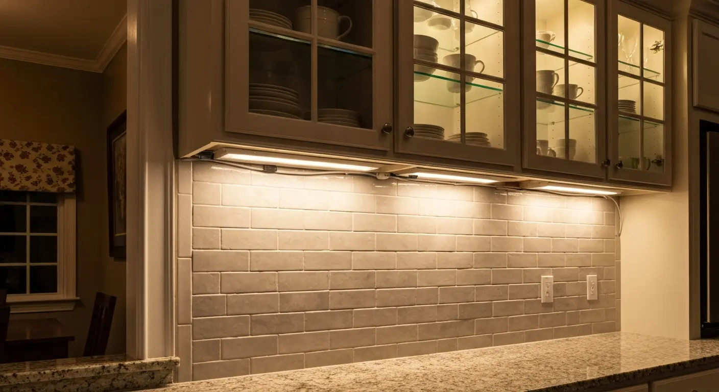 Accent lighting highlights backsplash