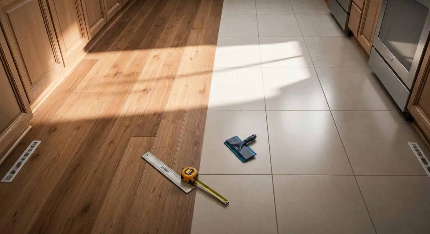 Kitchen flooring installation with tile and wood