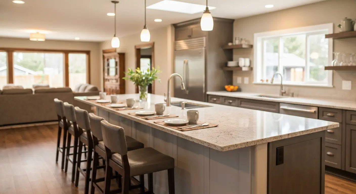 Kitchen island with seating in remodeled kitchen