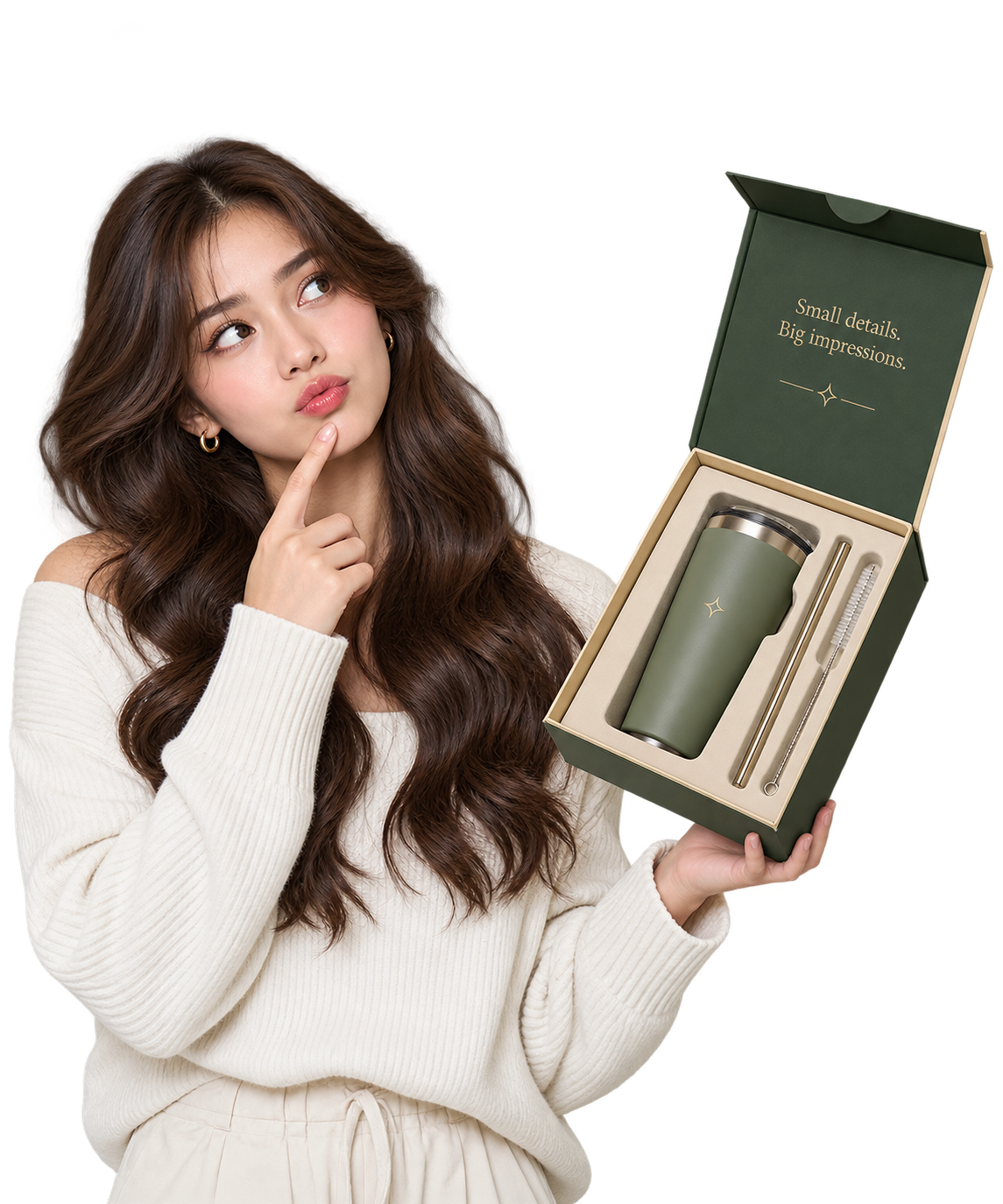 Person considering an open custom package with a fitted tumbler insert