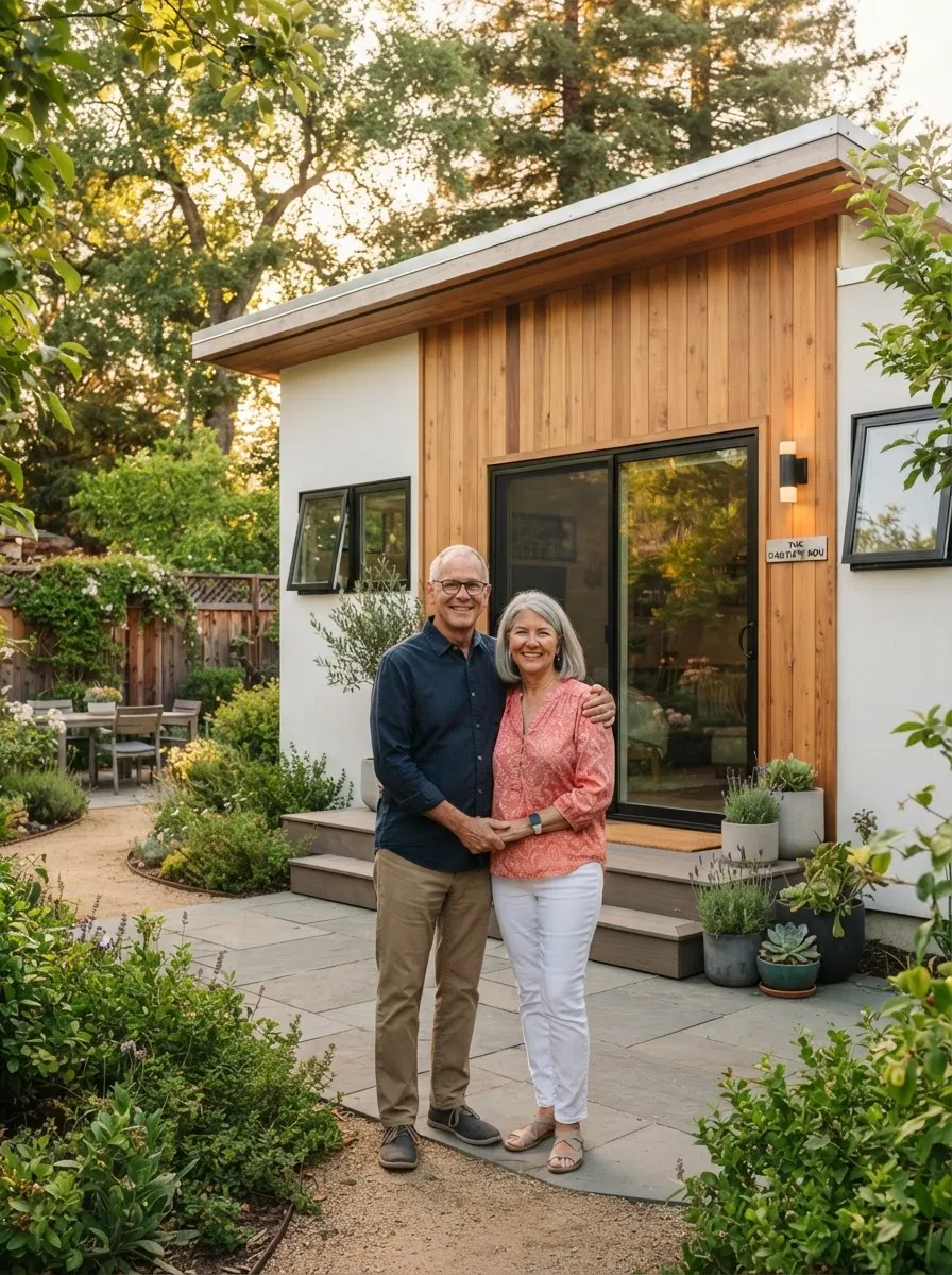 Homeowners in front of their newly built ADU