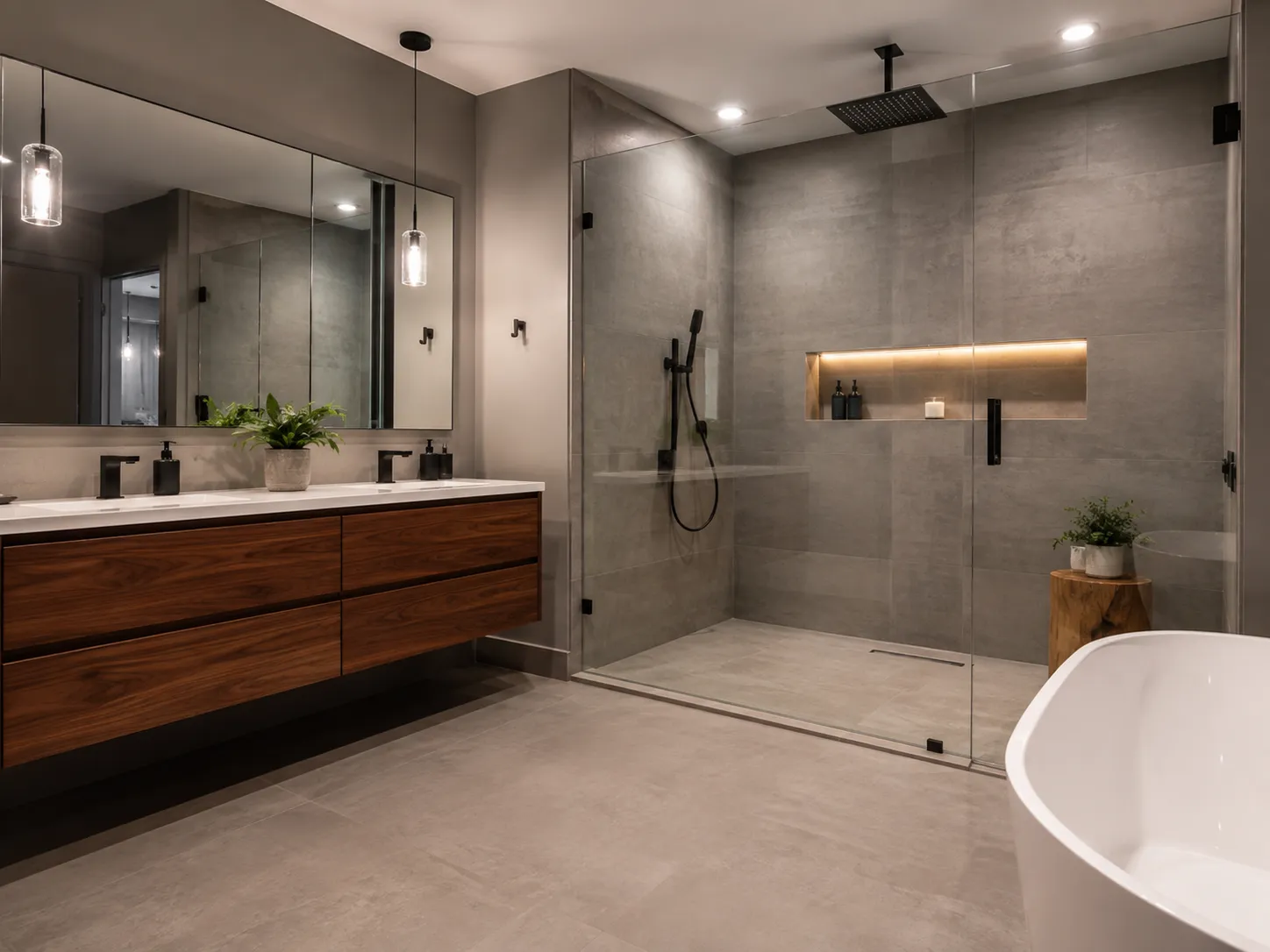 Modern walk-in shower with frameless glass and rain showerhead