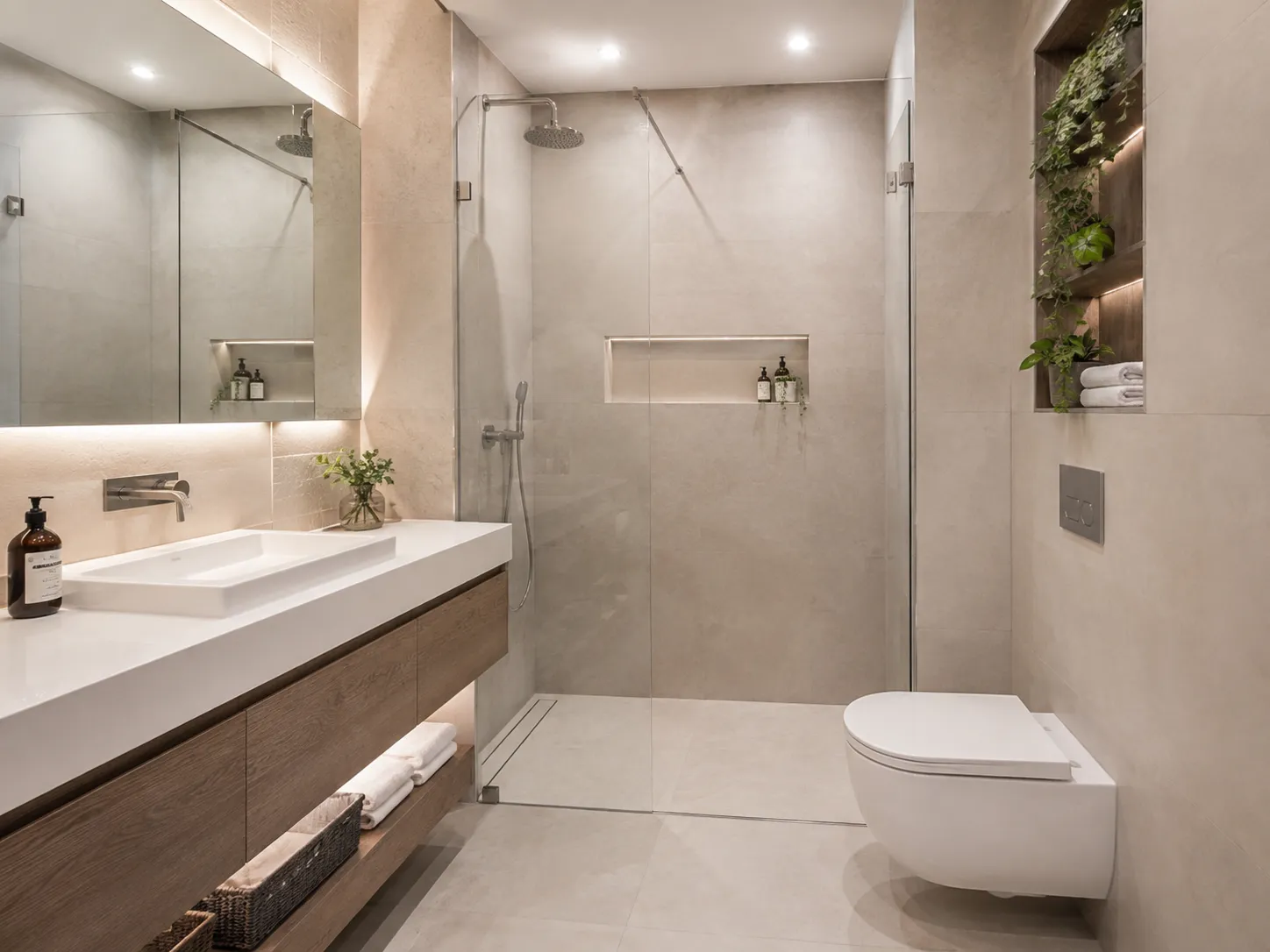 Accessible curbless walk-in shower with grab bars and teak bench