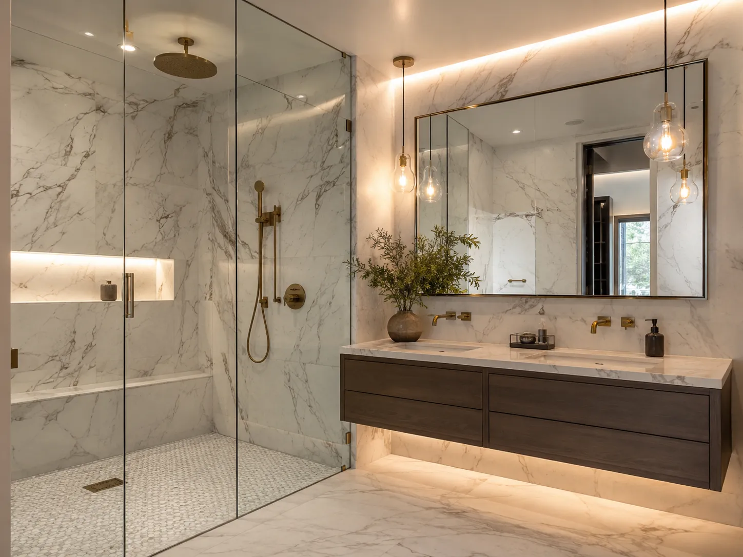 Double vanity bathroom with floating wood cabinet and gold fixtures