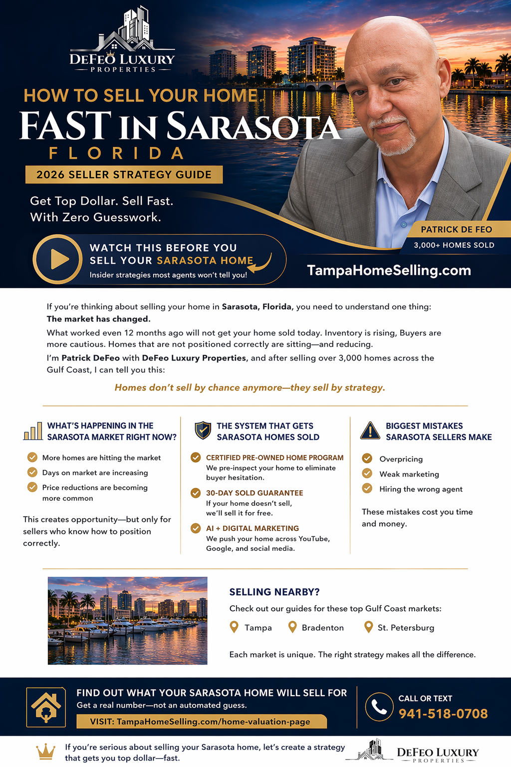 Sarasota Florida home selling strategy 2026 by Patrick DeFeo showing how to sell your home fast for top dollar with TampaHomeSelling.com