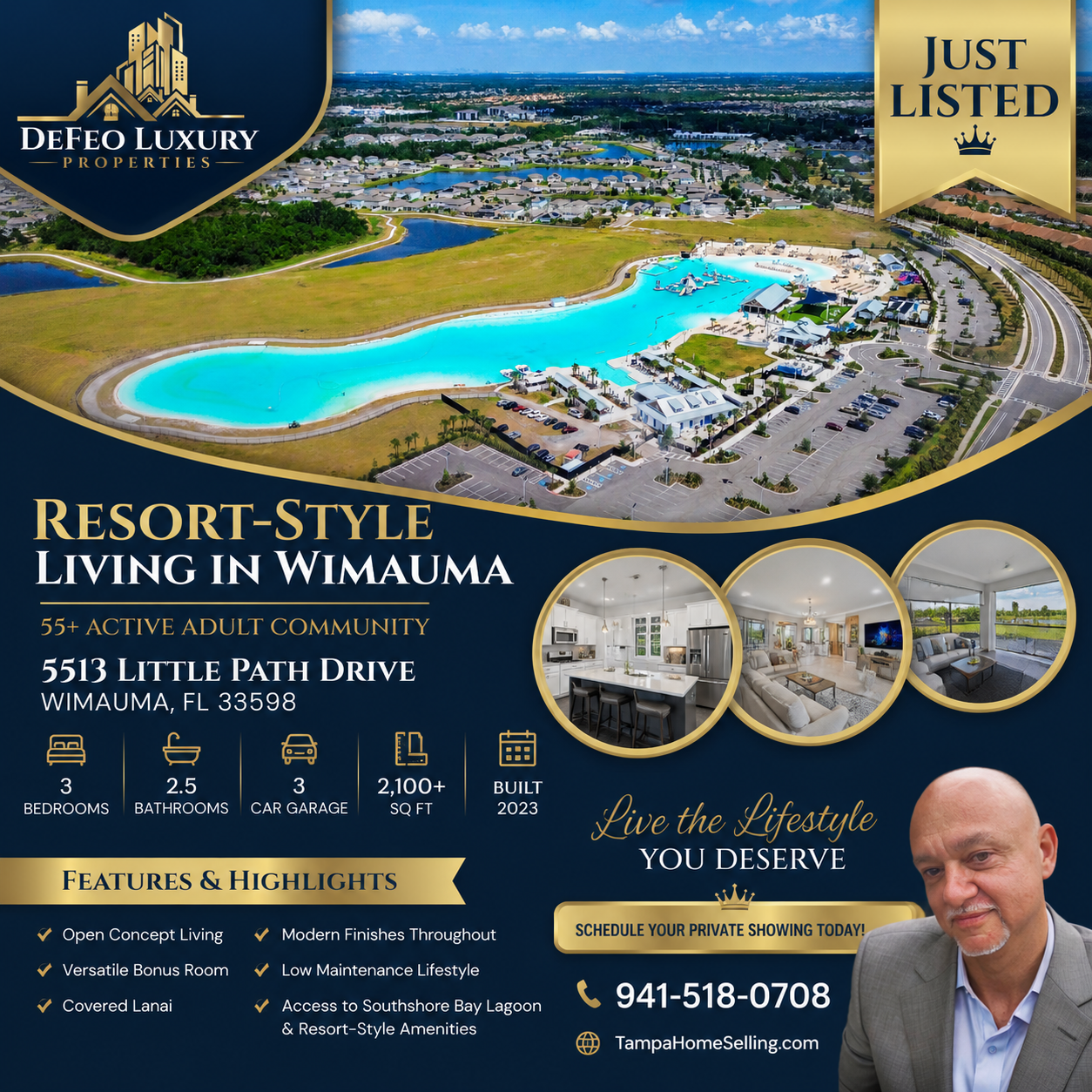 Luxury 3 bedroom home for sale in Wimauma Florida located in Southshore Bay Lagoon 55+ community with resort style amenities