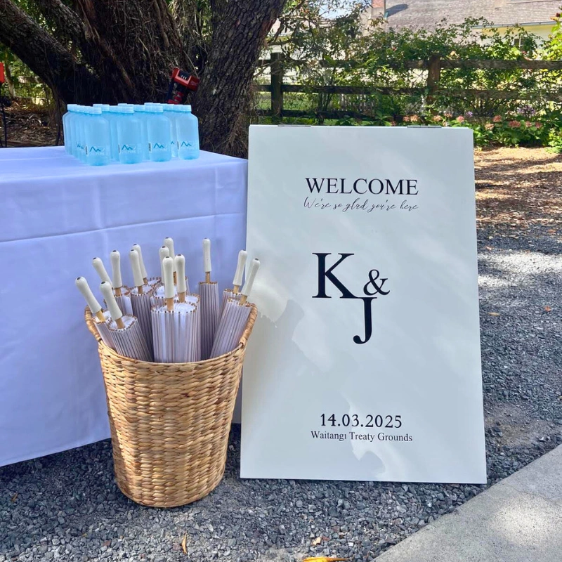 Custom welcome signage boards for Bay of Islands wedding ceremonies and receptions