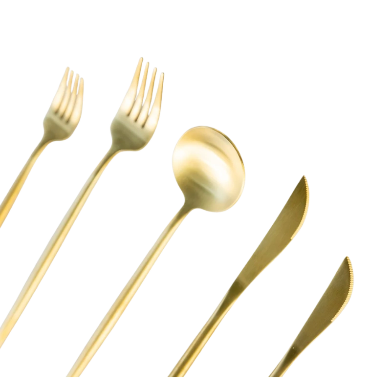Gold cutlery set for elegant Bay of Islands wedding hire, perfect for formal receptions