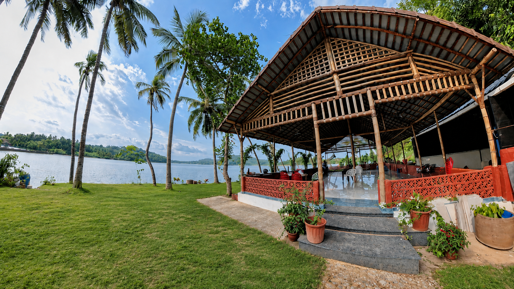 Open-air event hall by the river