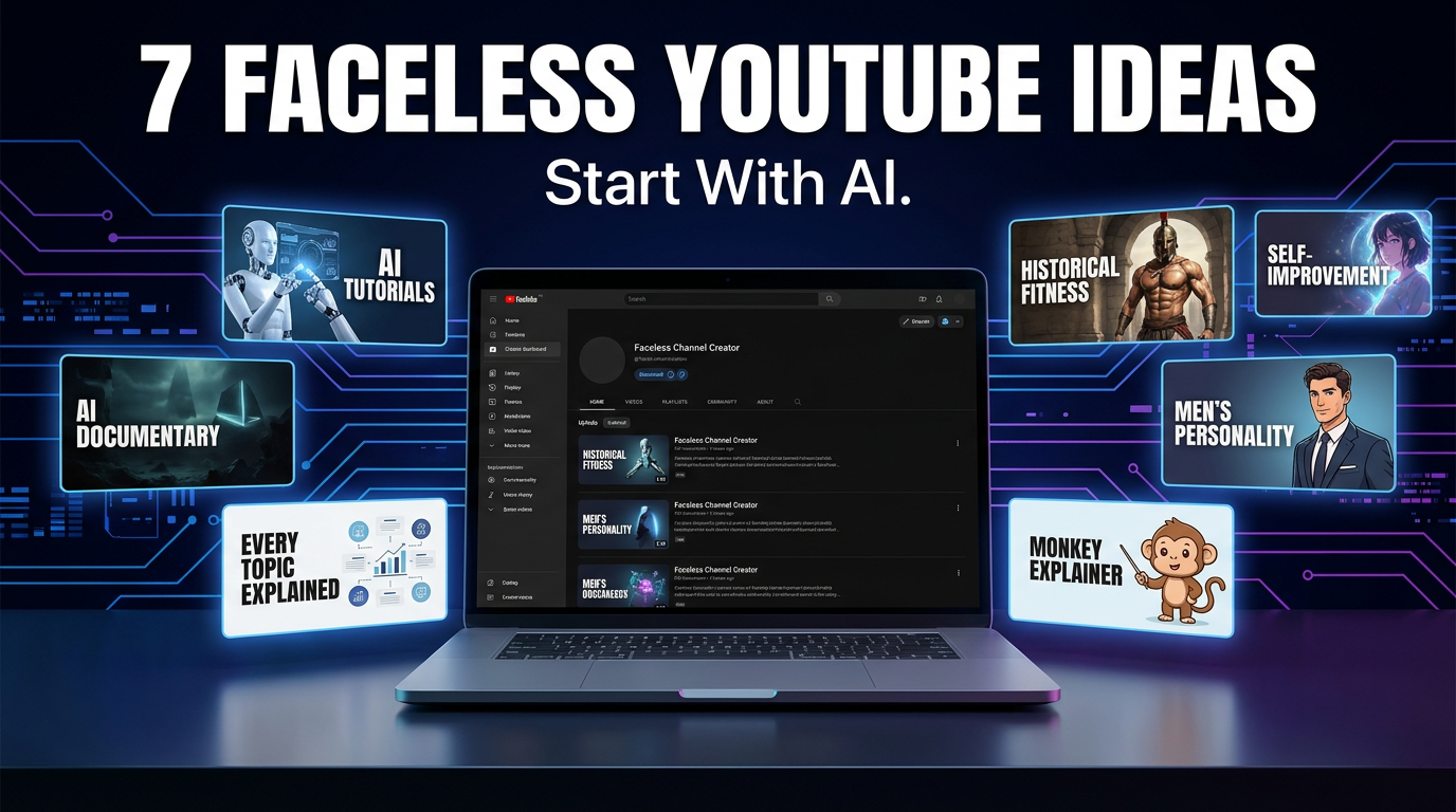 Seven faceless YouTube channel ideas you can start with AI, shown as thumbnail concepts around a laptop
