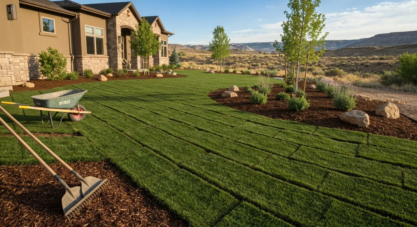 Newly planted landscape with turf