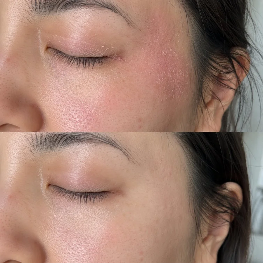 Around the eye before and after: flaking and redness calmed