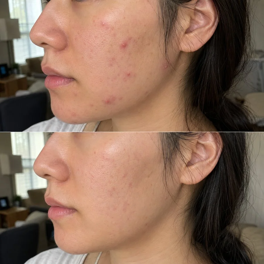 Cheek and jaw before and after: inflamed spots faded